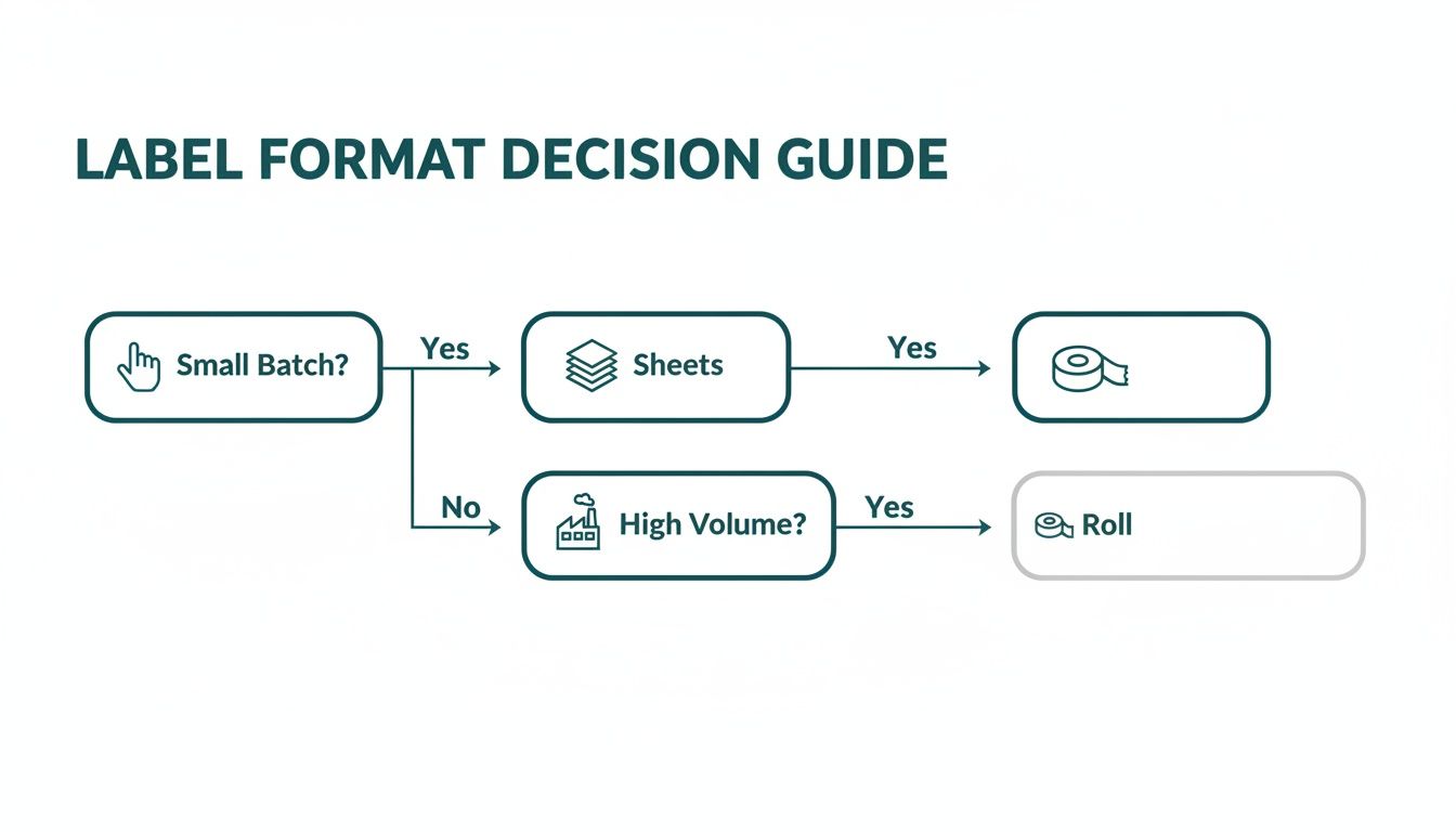 A flowchart guides label format decisions, distinguishing between sheet and roll labels for small batch and high volume printing.