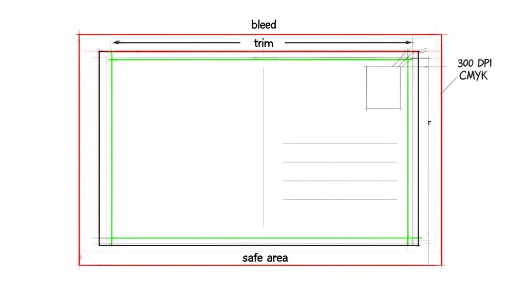 A diagram illustrating the bleed, trim, and safe areas for a postcard, detailing print specifications.