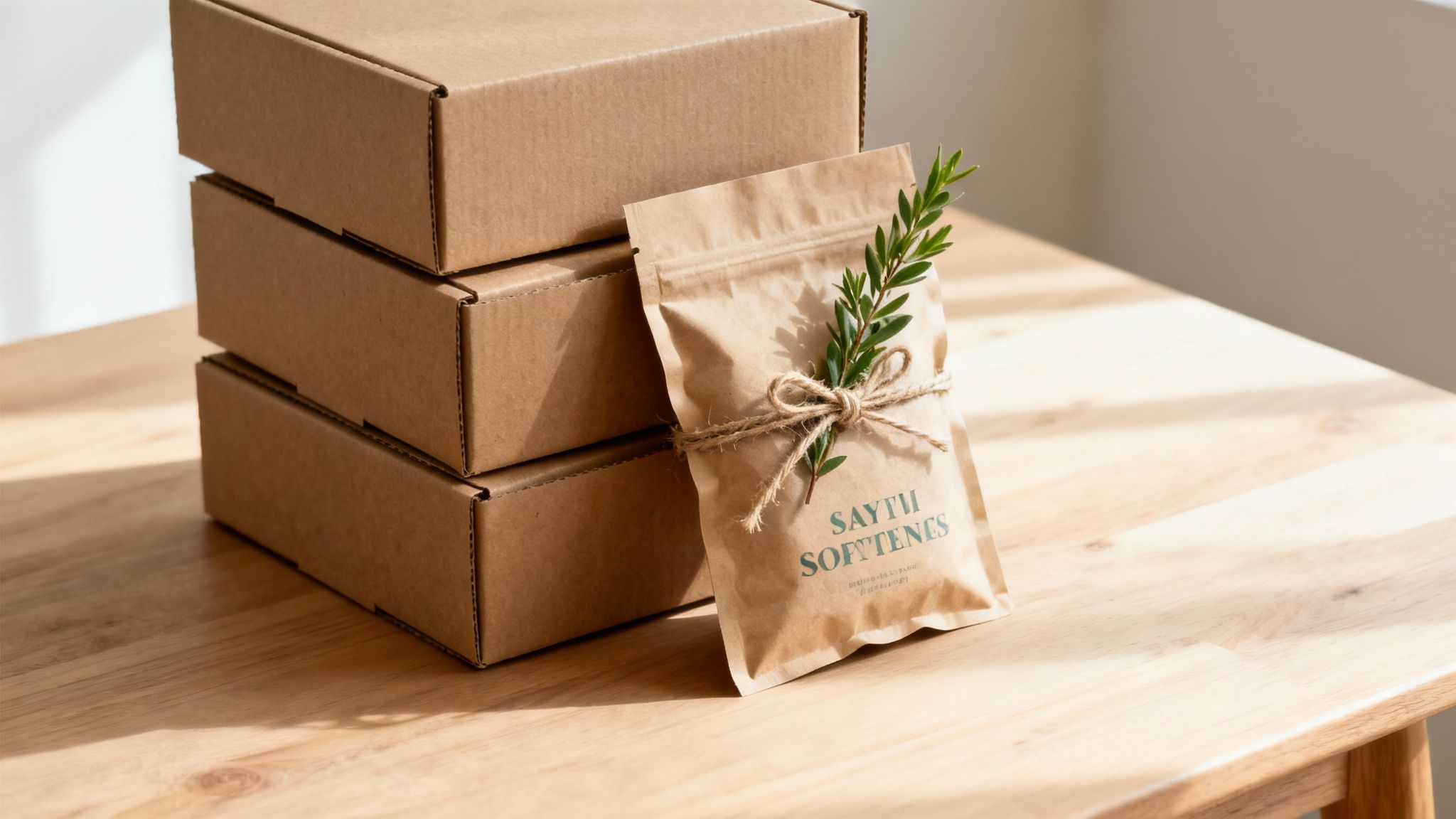 A stack of three brown cardboard boxes next to a kraft paper pouch with a green sprig on a wooden table.