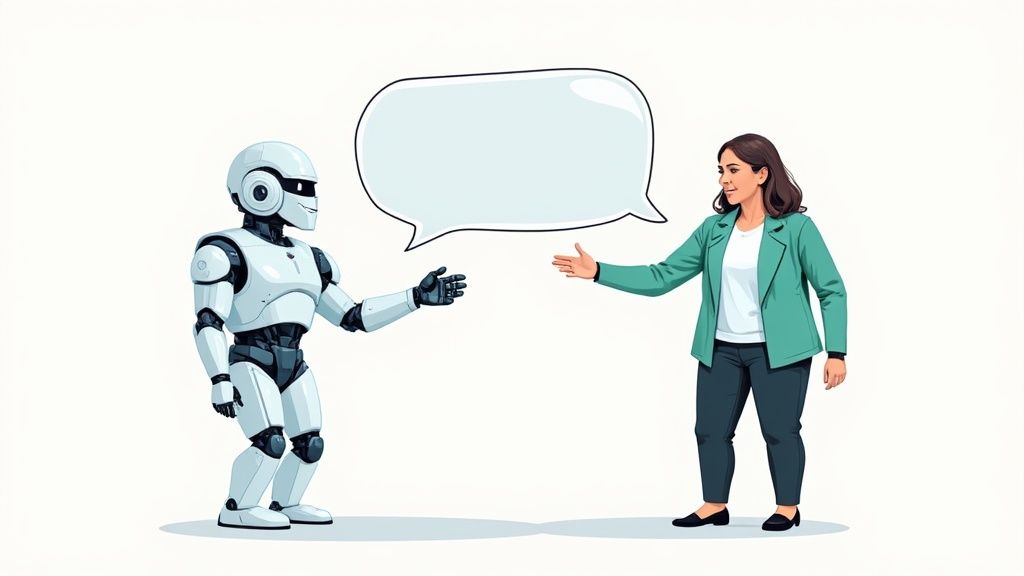 A friendly AI bot icon handing a support ticket to a human agent, symbolizing teamwork.