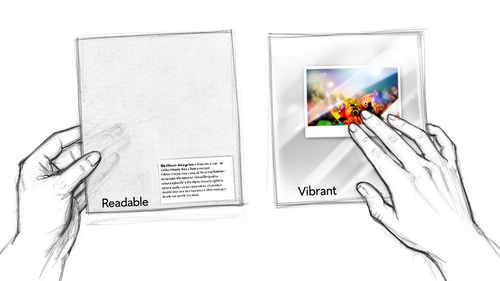 Sketch showing a comparison between a readable matte screen on the left and a vibrant glossy screen on the right.