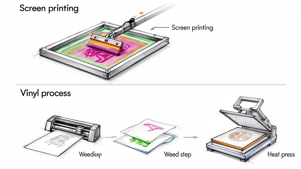 Illustrations comparing screen printing process with vinyl cutting, weeding, and heat press application methods.