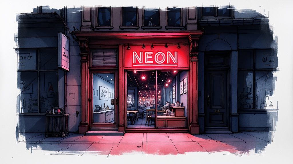 An artistic illustration of a business storefront with a glowing red 'NEON' sign at night.