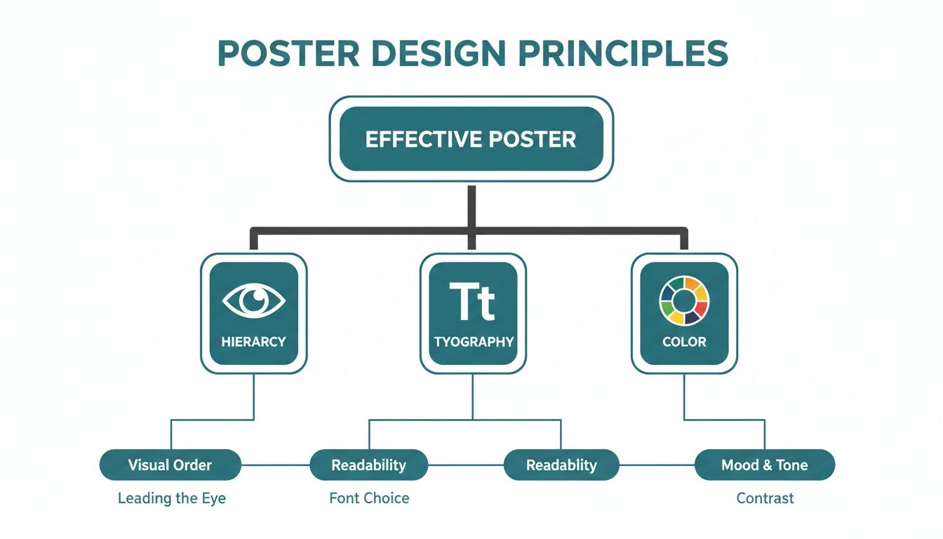 Flowchart illustrating effective poster design principles, including hierarchy, typography, and color, with key sub-elements.
