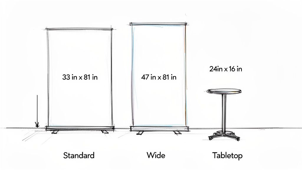 Sketch illustrating standard, wide pull-up banners and a tabletop with their respective dimensions.