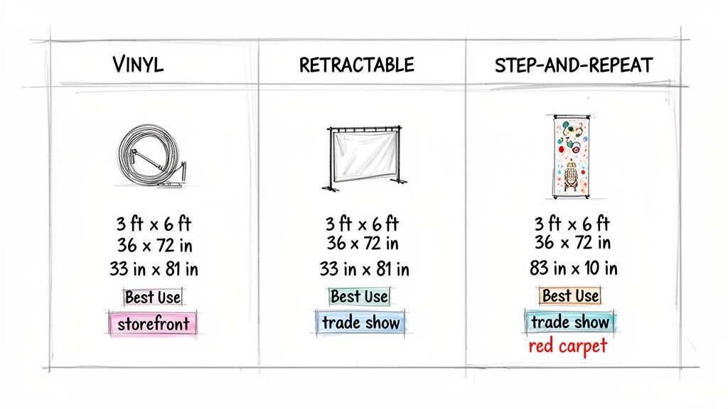 Comparison chart of vinyl, retractable, and step-and-repeat banners with sizes and best use cases.