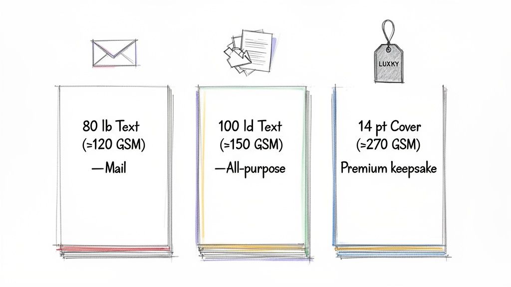 Illustration comparing three paper weights: 80 lb Text for mail, 100 lb Text for all-purpose, and 14 pt Cover for premium keepsakes.