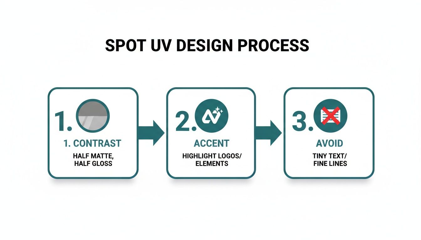 A three-step process diagram illustrating spot UV design principles: contrast, accent, and elements to avoid.