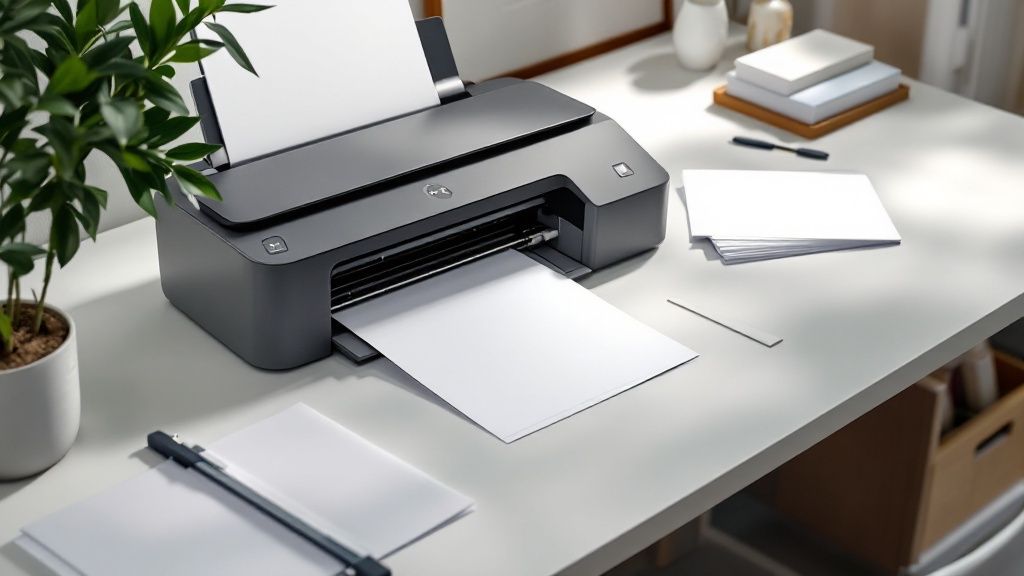 A person inspecting a printed folded card proof at their desk.