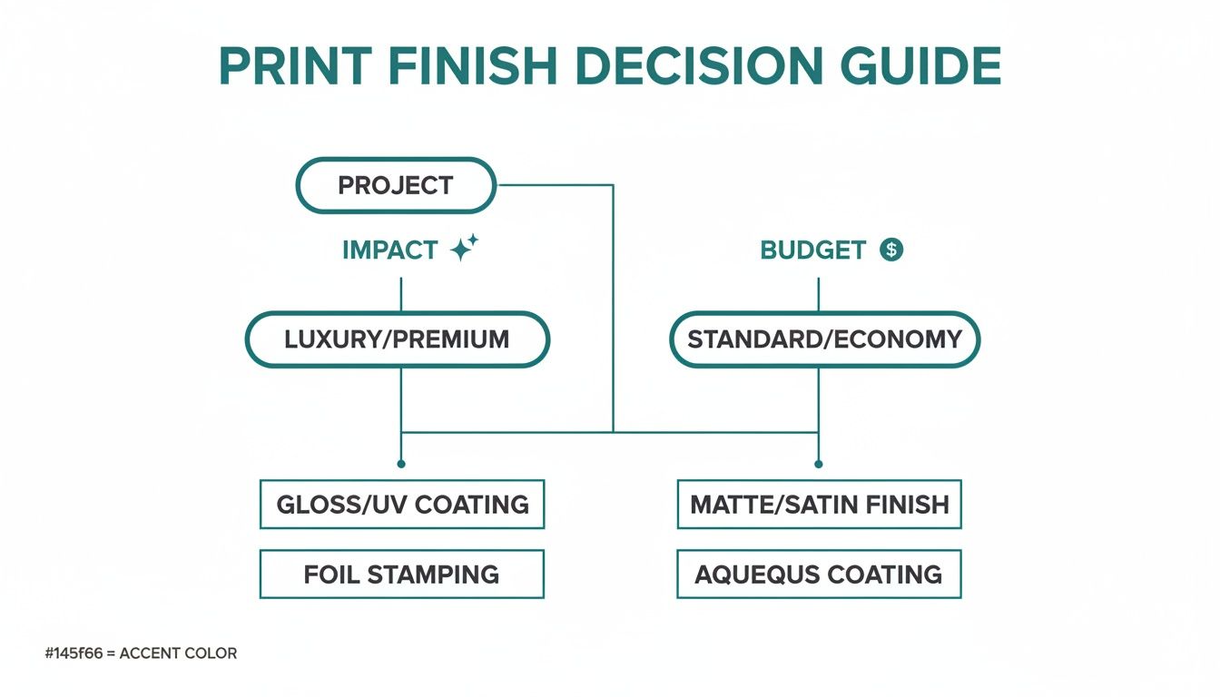 A print finish decision guide flowchart showing options based on project impact and budget.