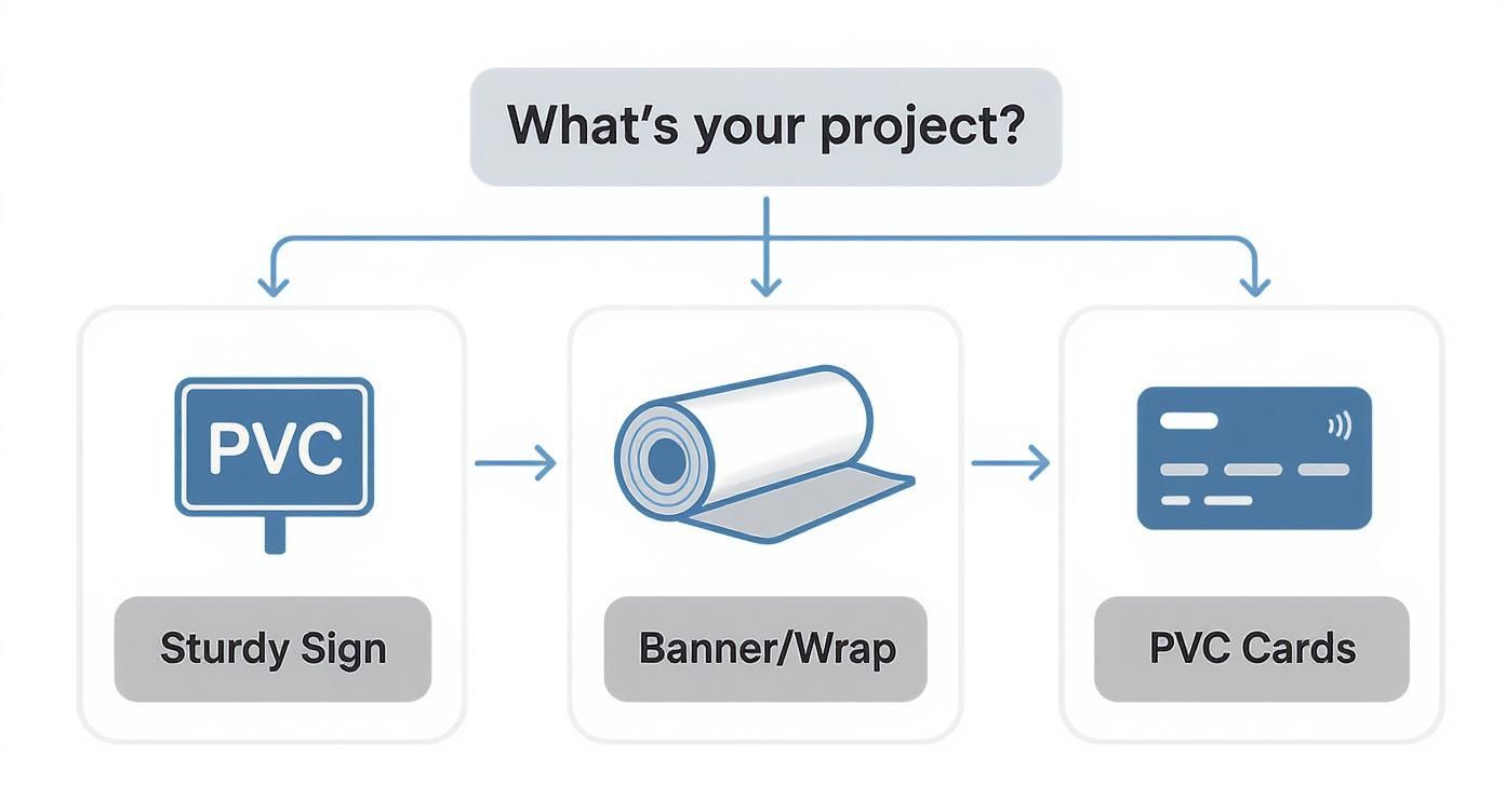 A flowchart asking 'What's your project?' displays options for PVC sturdy signs, banners/wraps, and PVC cards.