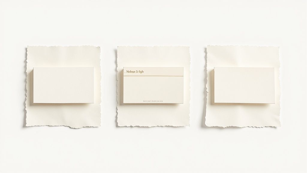 Three elegant, light-colored rectangular cards with torn-edge paper backing, one labeled 'Malone & Gigli', on a white background.