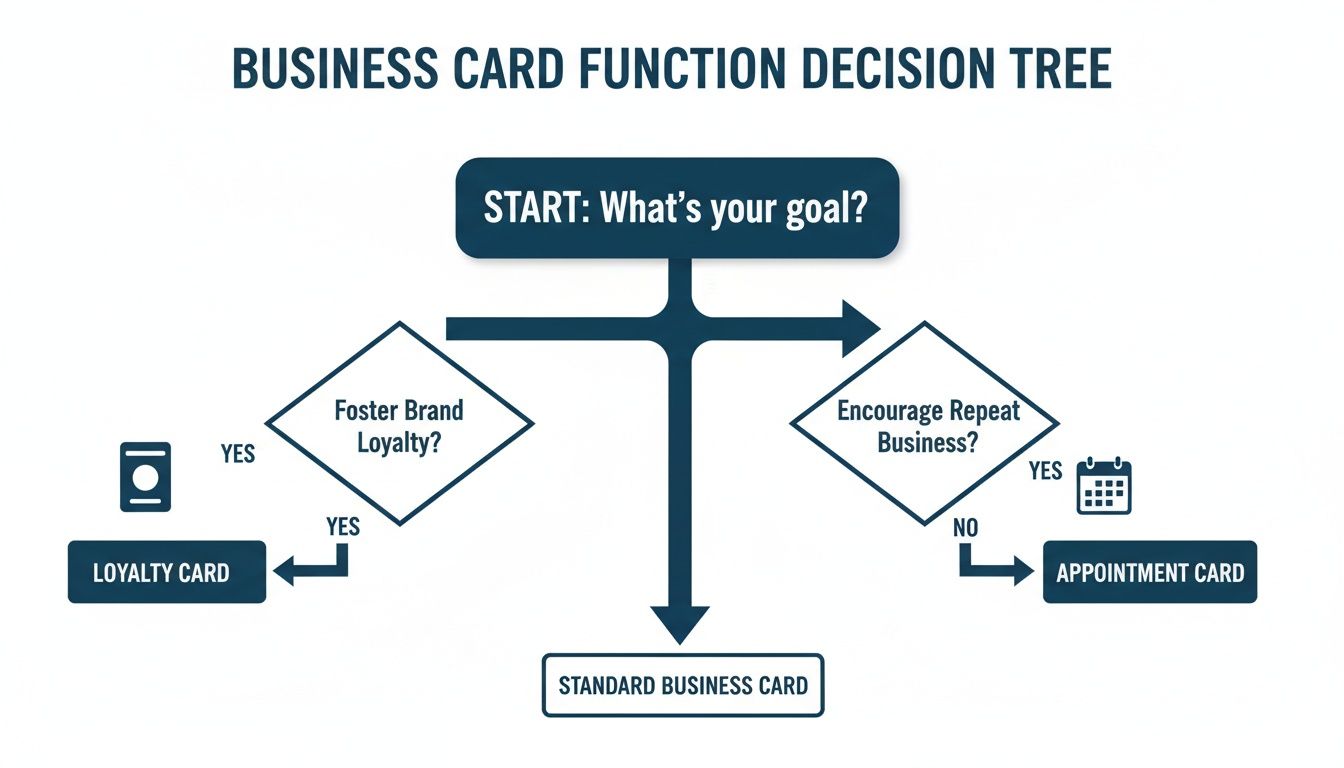 Decision tree illustrating different business card functions based on goals like loyalty or repeat business.