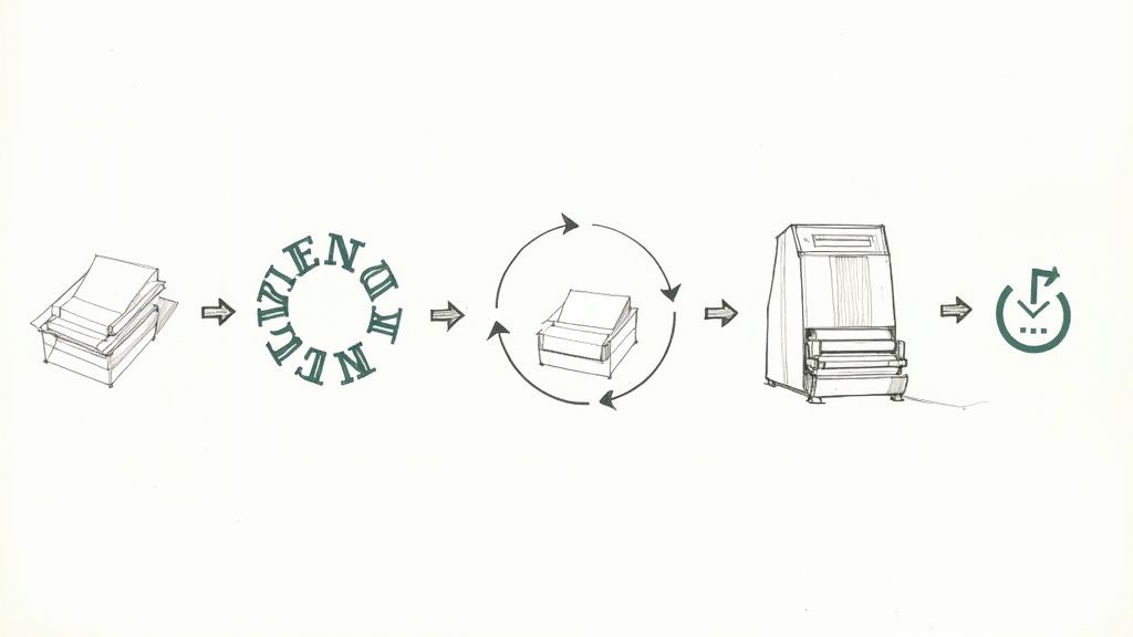 Diagram illustrating a multi-step eco-friendly process for paper reduction, reuse, and recycling.