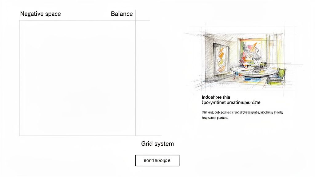 A conceptual design principles layout displaying negative space, balance, a grid system, and an interior sketch.