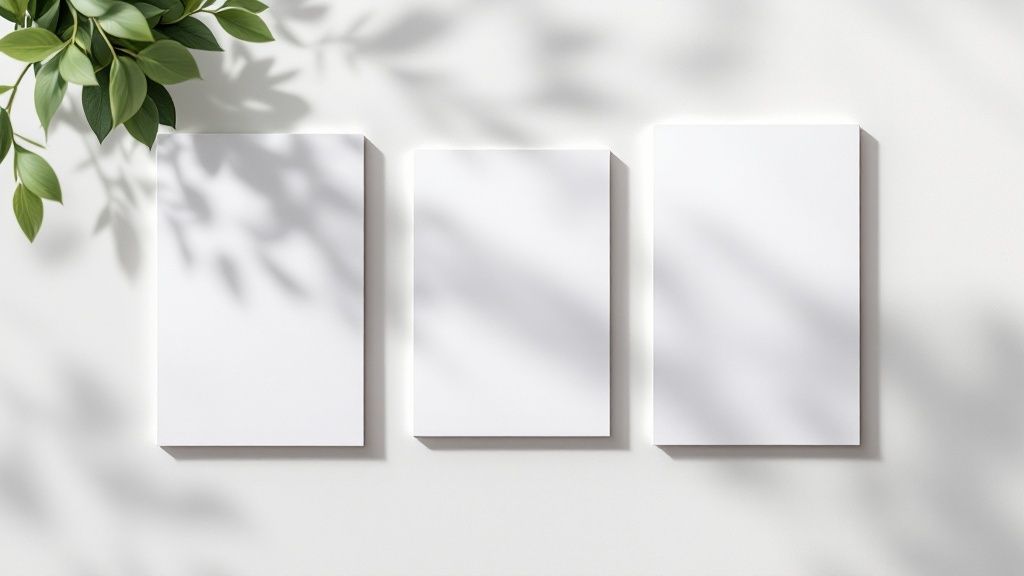 A person's hands holding up two different brochures to compare their sizes, with a world map faintly visible in the background.