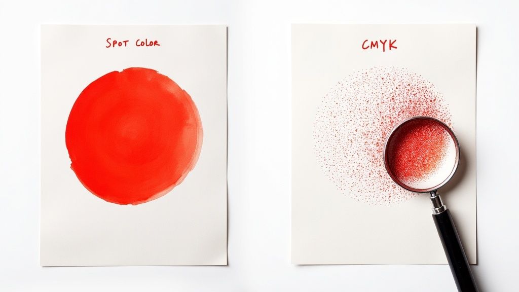 A side-by-side comparison of solid red spot color versus red CMYK dots under a magnifying glass.