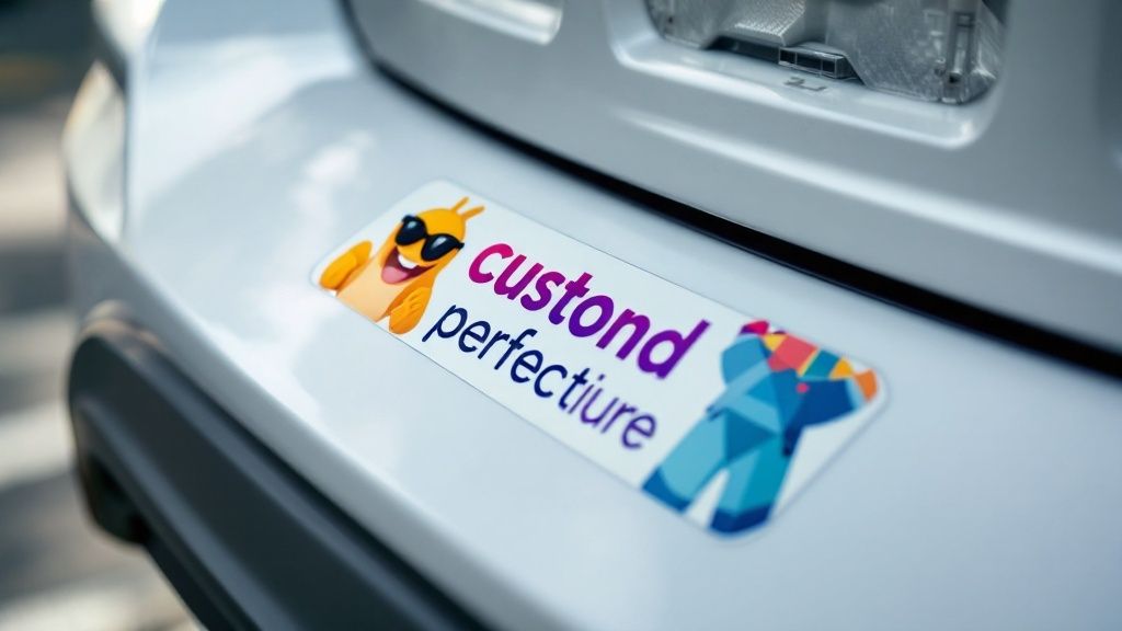 A close-up of a variety of colorful custom bumper stickers on a car bumper