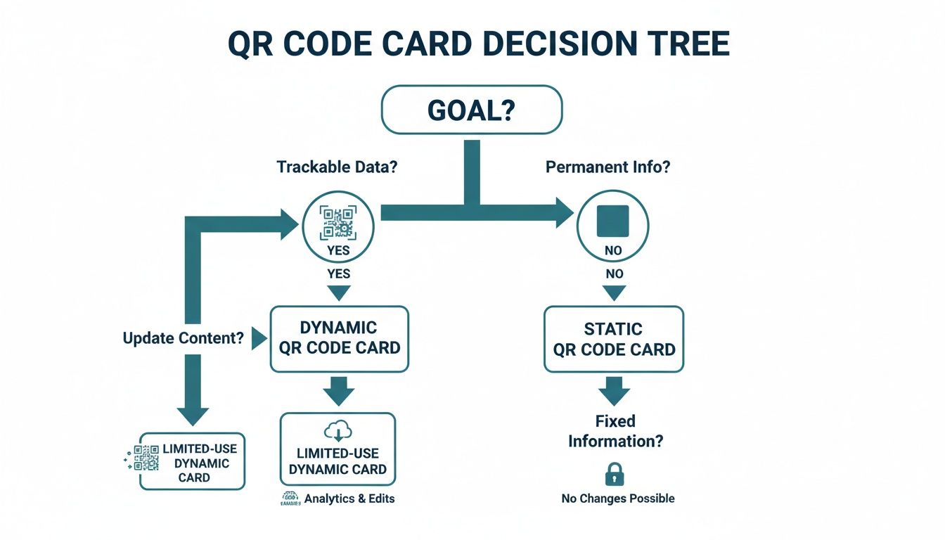 A QR code card decision tree, guiding selection based on trackability, permanence, and content updates.