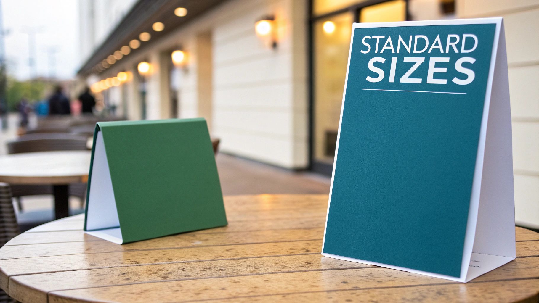 A variety of table tent styles displayed on a wooden surface