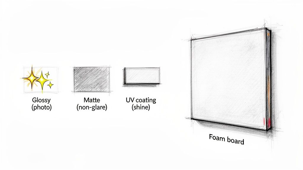 Sketch illustrating different print finishes: glossy, matte, UV coating, and a foam board example.