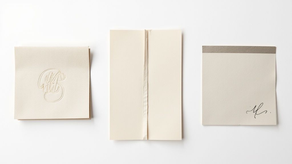 Assorted cream-colored paper samples: one with a monogram, one folded, and one with a signature.