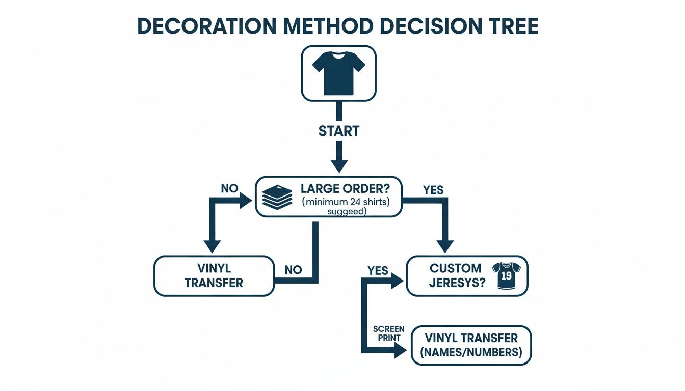 Decision tree flowchart illustrating t-shirt decoration methods based on order size and custom jersey needs.