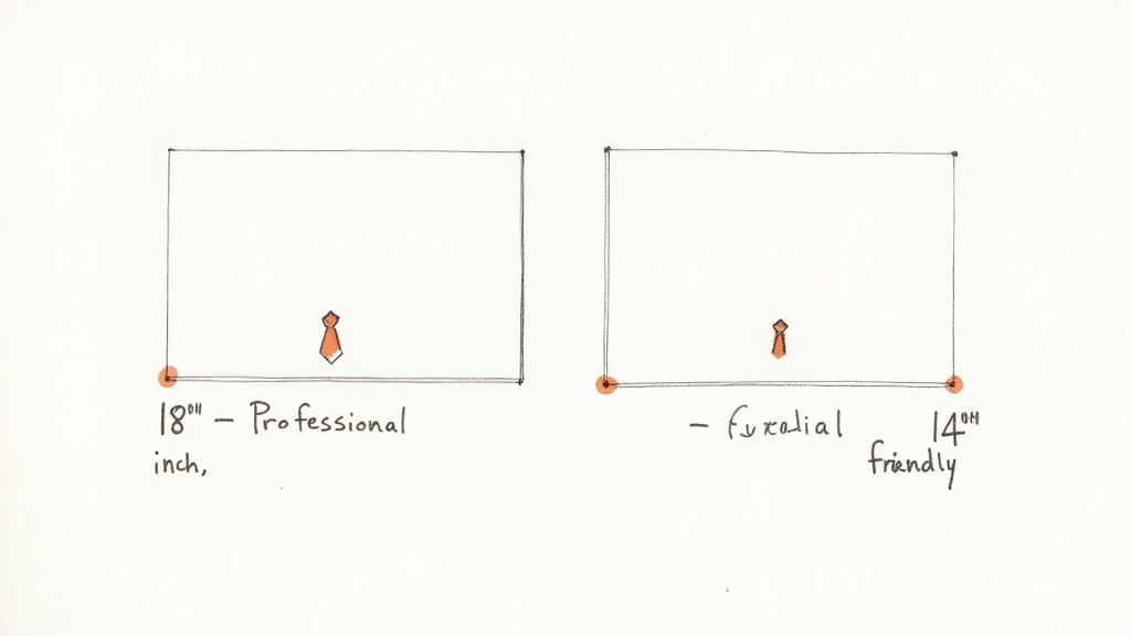 Hand-drawn diagram comparing professional (18-inch) and fun (14-inch) tie styles and lengths.