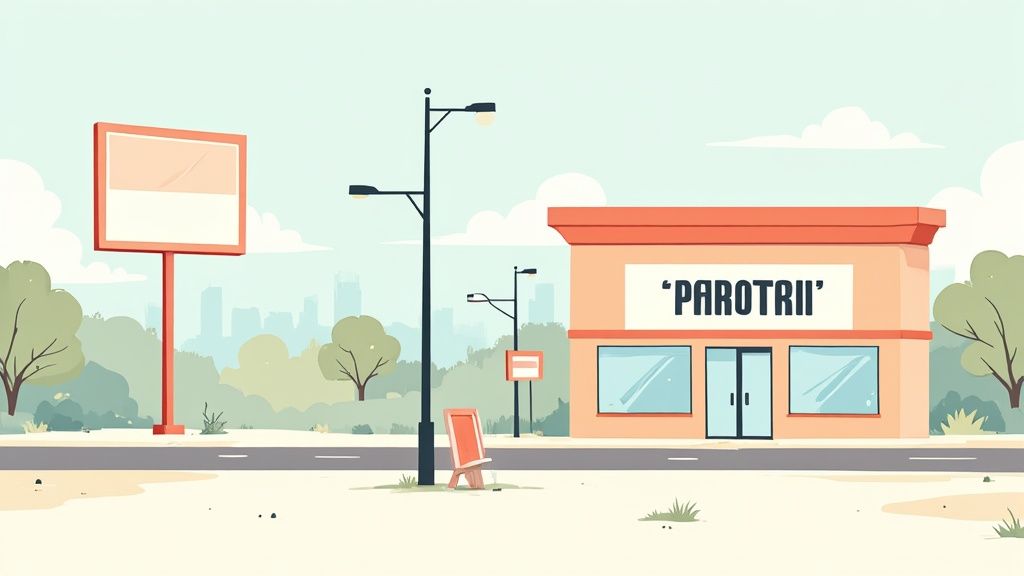 A bright, modern outdoor sign on a brick building