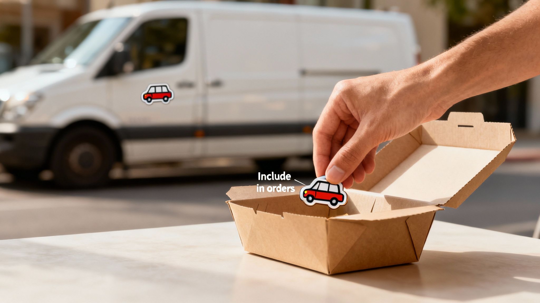 A hand places a red car-shaped magnet into an open cardboard takeout box, with a delivery van in the background.