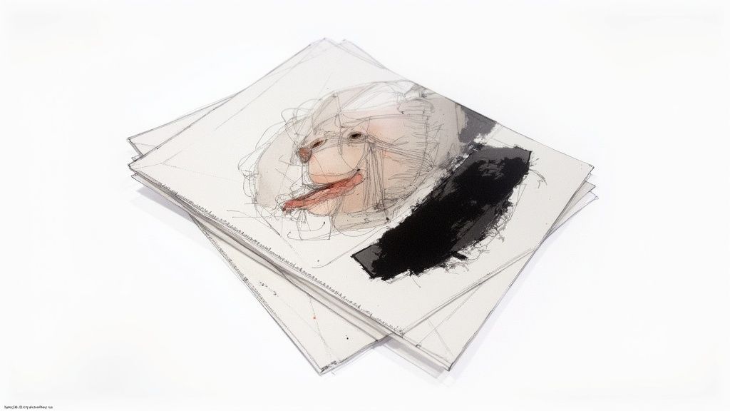 A stack of white papers with a messy, expressive face drawing, black stroke, and red tongue.