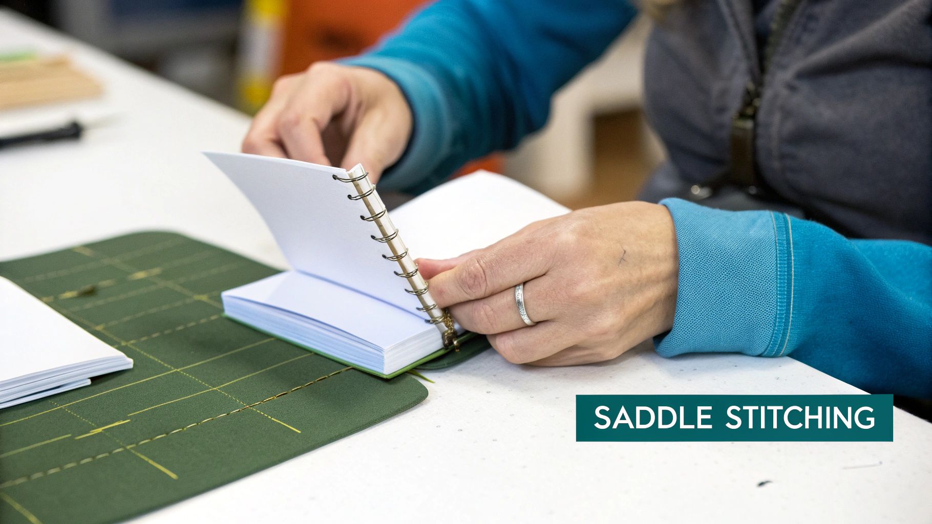 A stack of saddle-stitched booklets showing their stapled spines
