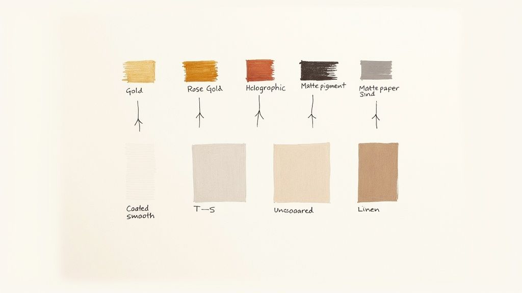 Different foil stamping finishes (Gold, Rose Gold, Holographic, Matte) applied to various paper types.