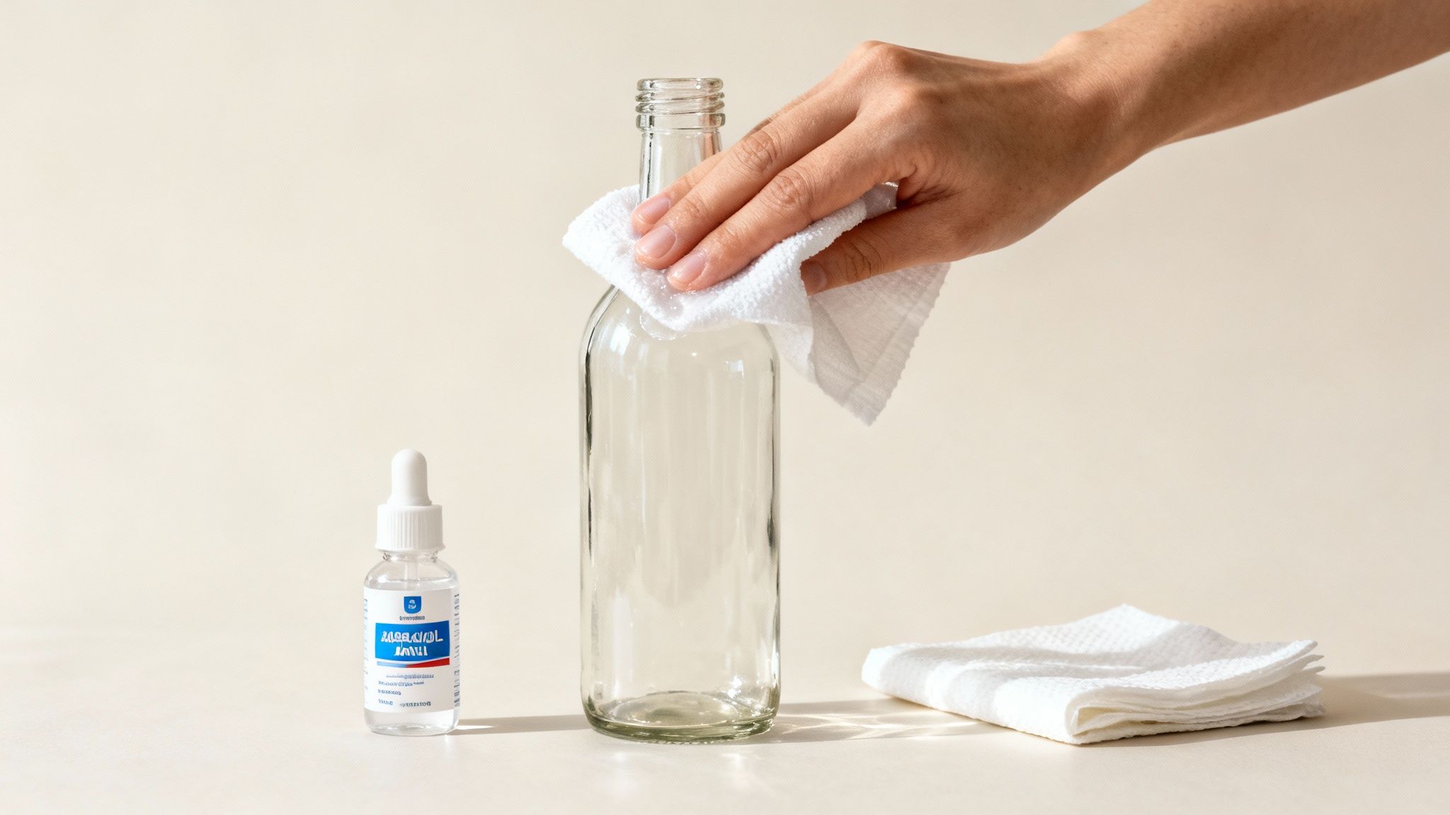 A hand wipes a clear glass bottle with a white cloth, next to a small dropper bottle.