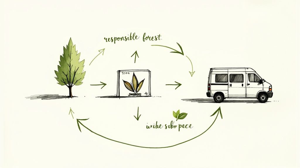 An illustration depicts a circular economy: a tree to processed leaves, a delivery van, and back to a responsible forest.