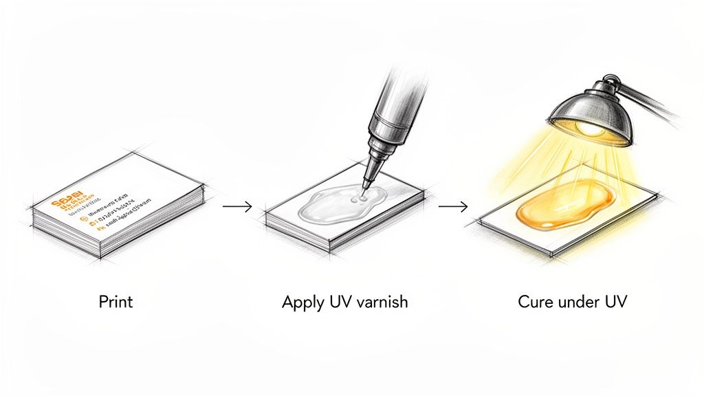 Illustration detailing the three-step process of applying and curing spot UV varnish on business cards.