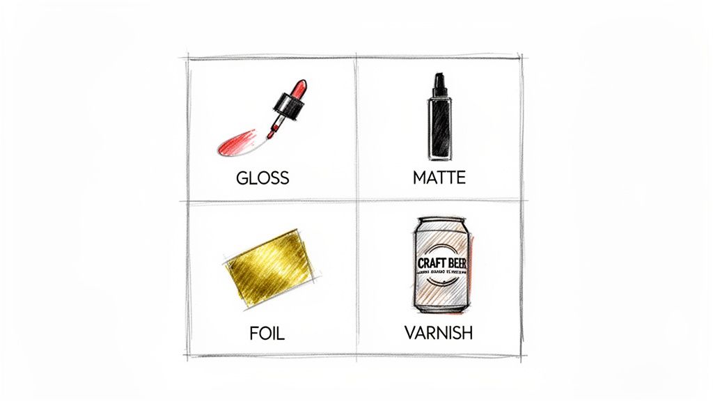 Four panels illustrate different product label finishes: gloss with a dropper, matte with a bottle, foil, and varnish on a craft beer can.