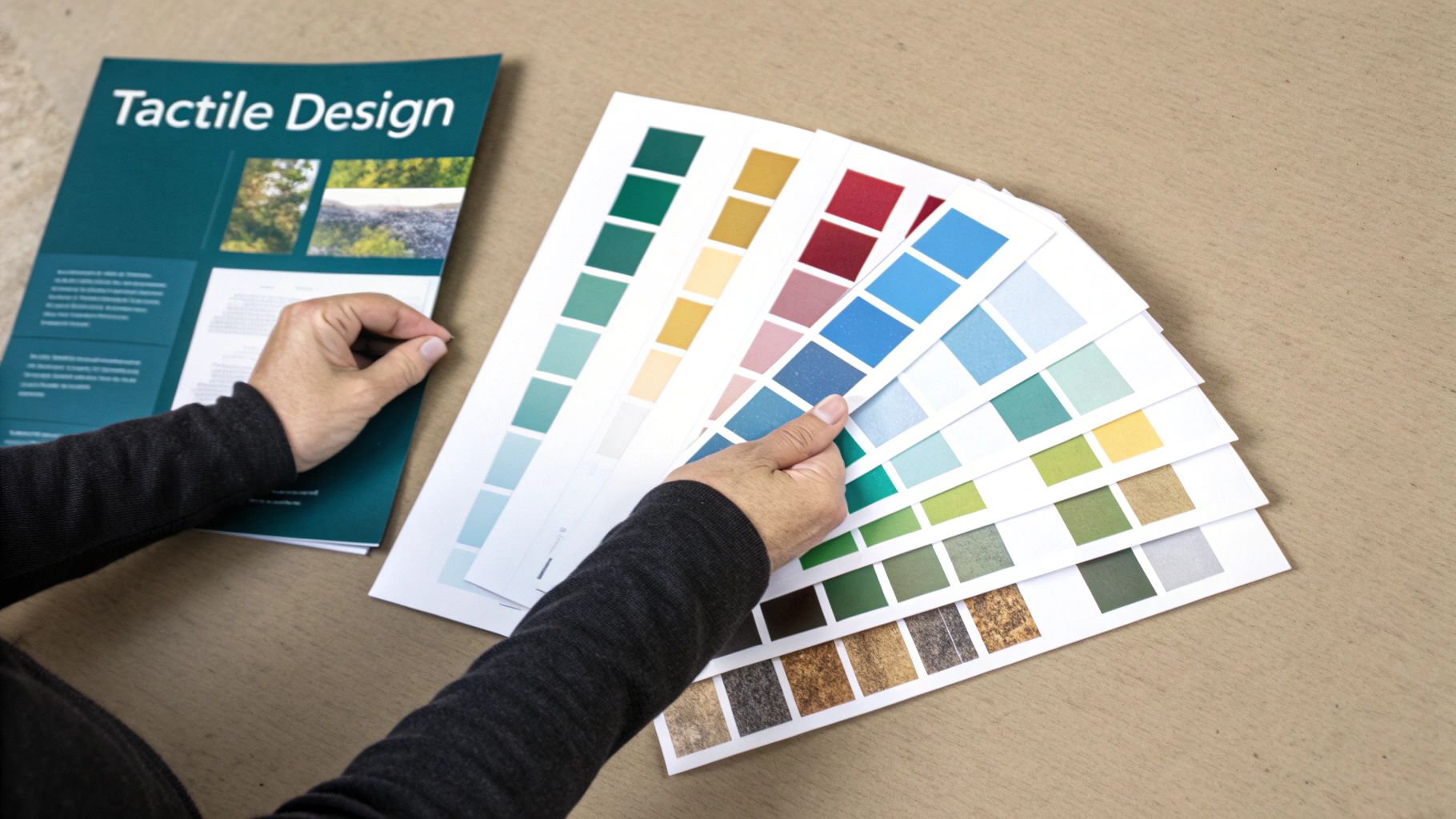 Person reviewing tactile design color swatches and material samples for print marketing projects