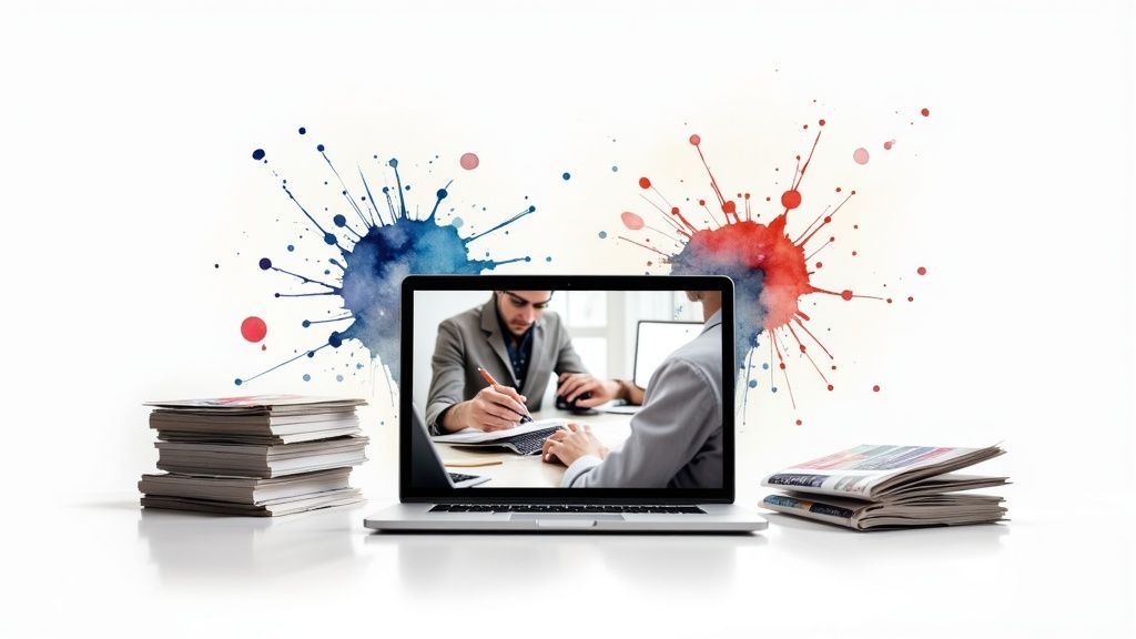 A person carefully reviewing a digital brochure proof on a tablet screen, comparing it to the original design file on a laptop.