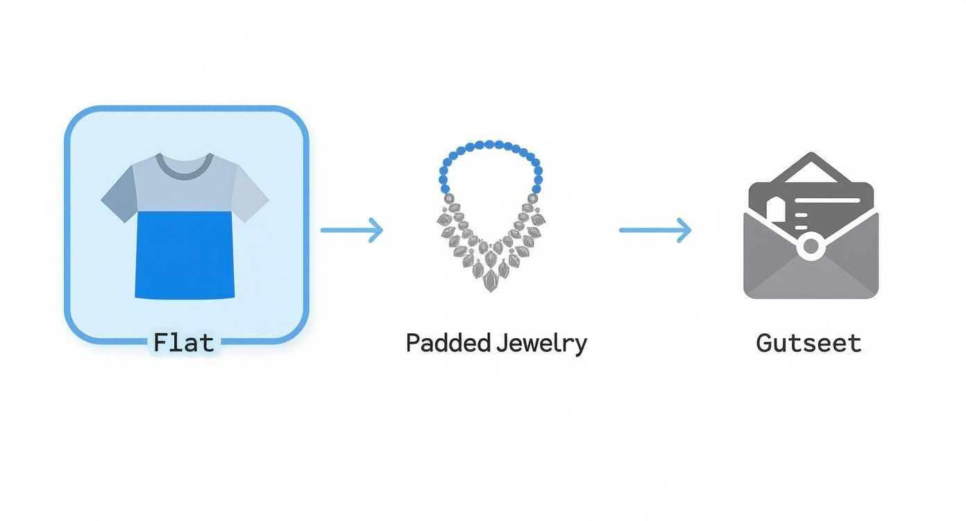 Diagram showing flat items like t-shirts progressing to padded jewelry then gutseet envelope packaging