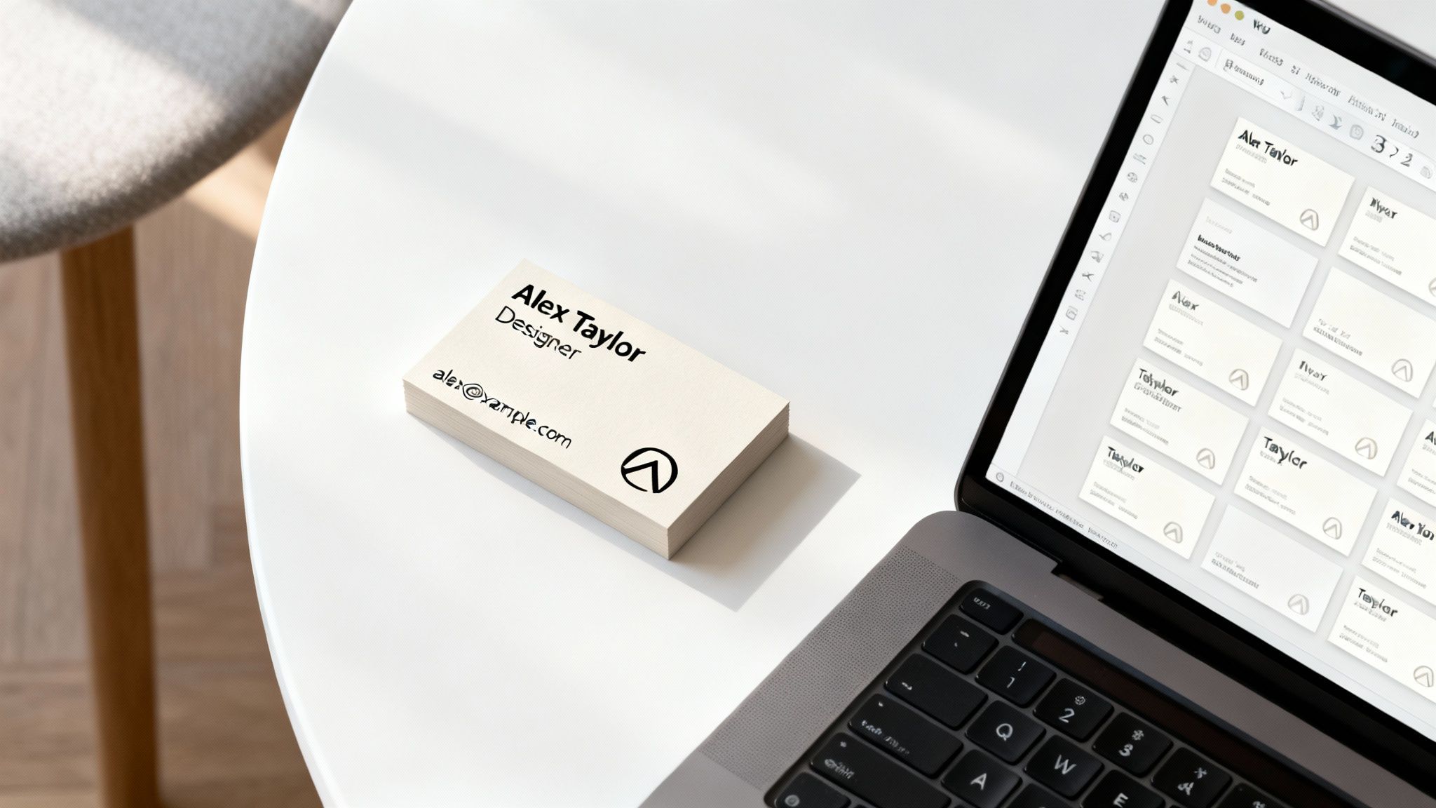A stack of business cards on a white table, next to a laptop displaying various card designs.