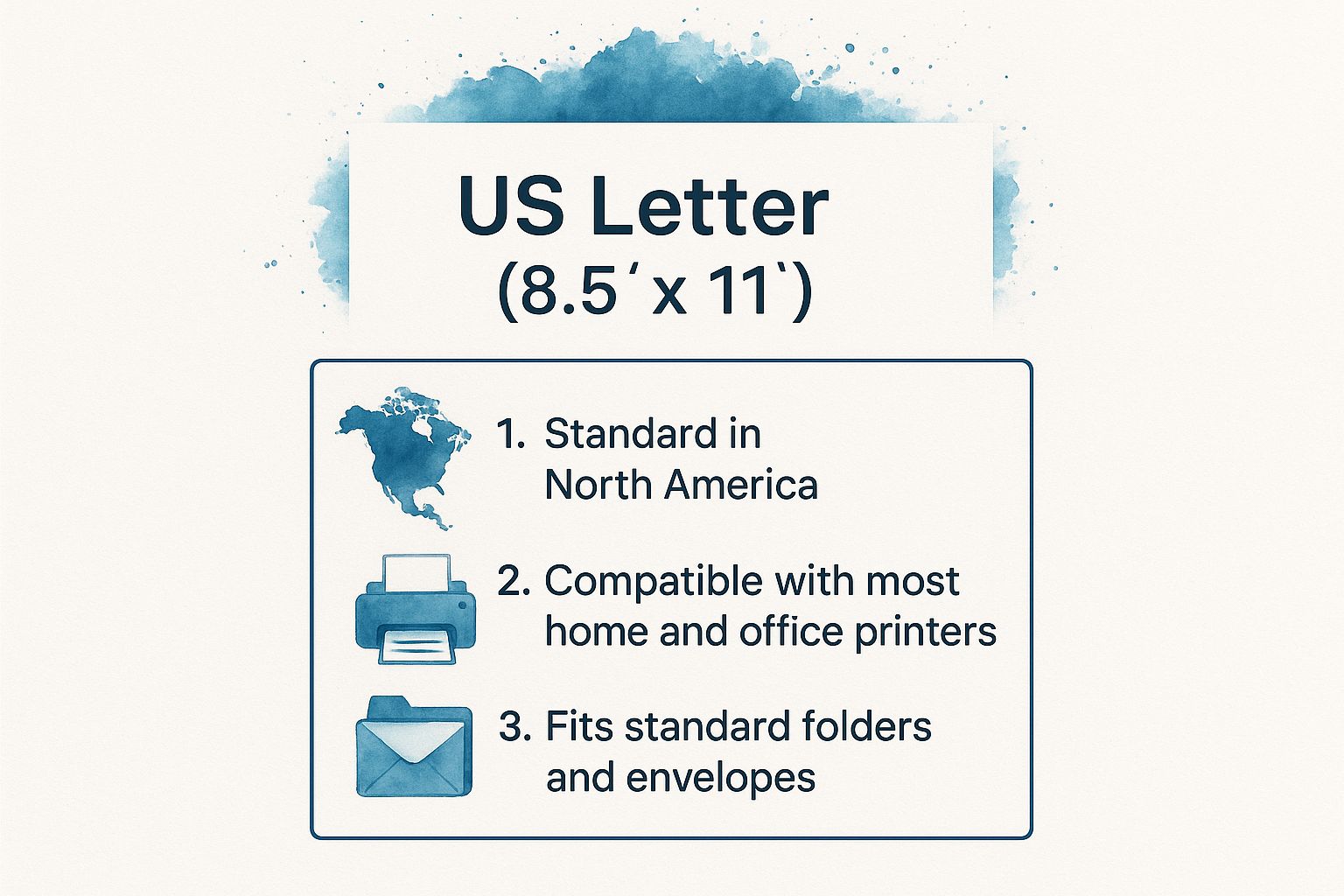 Infographic showing key data about US Letter Size (8.5" x 11")