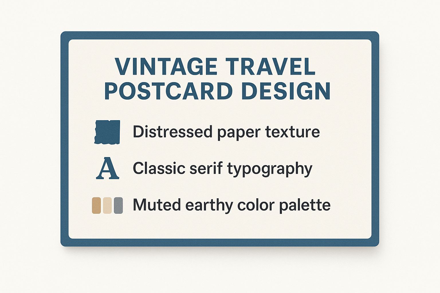 Infographic summarizing the top three characteristics of Vintage Travel Postcard Design, including distressed textures, serif typography, and muted colors.
