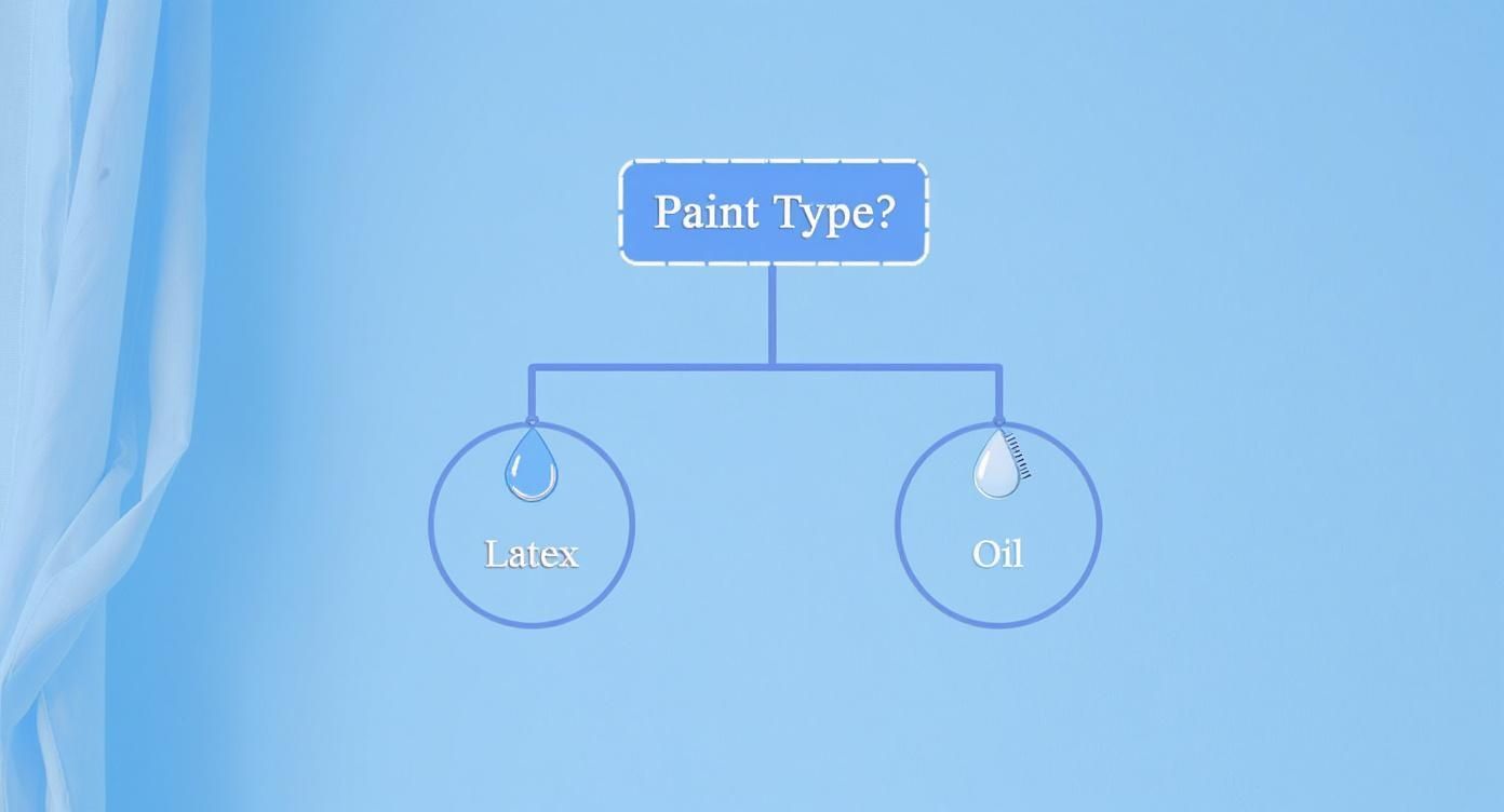 A flowchart diagram asking 'Paint Type?' with two options: Latex paint (water-based) and Oil paint.
