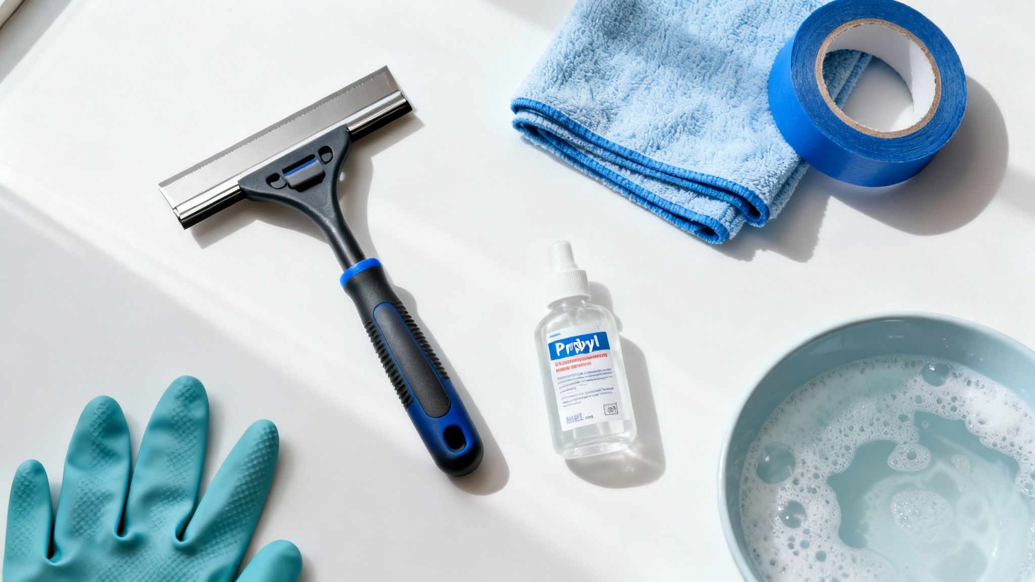 Flat lay of window cleaning supplies including a squeegee, cloth, tape, cleaner, gloves, and soapy water.