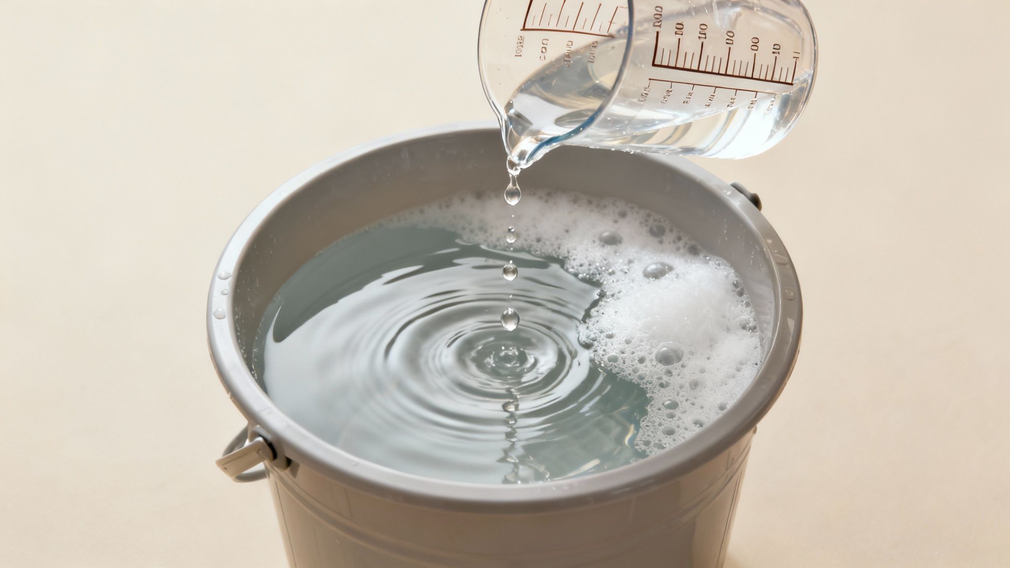 Clear liquid being poured from a measuring cup into a grey bucket with soapy water.