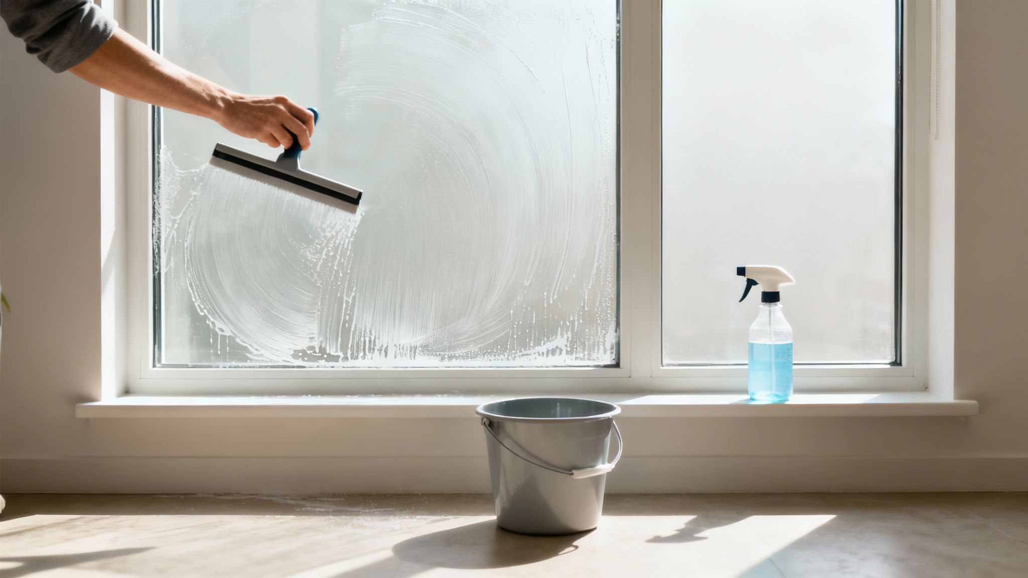 A person's hand in a blue glove spraying a cleaning solution onto a window with visible water spots.