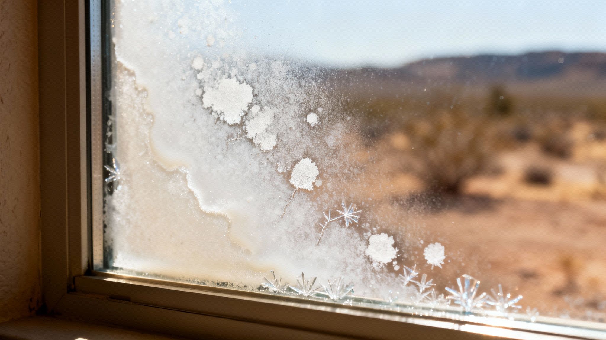Close-up of intricate frost and ice crystals on a window pane, with a blurry desert landscape outside.