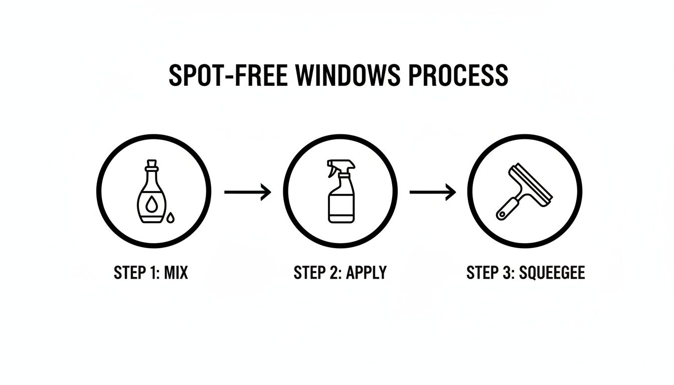An infographic shows a three-step process for spot-free windows: mix, apply, and squeegee.