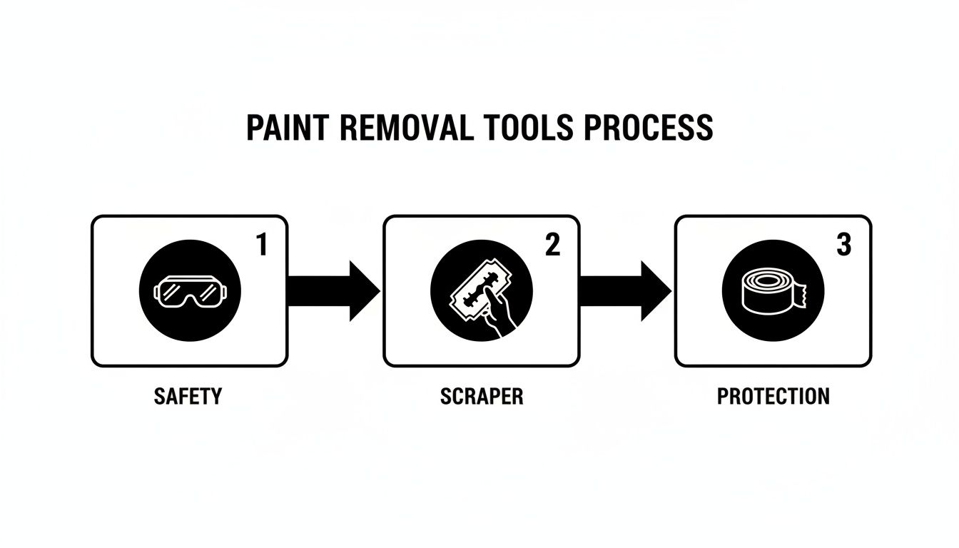 A three-step process for paint removal tools: safety goggles, scraper blade, and masking tape.